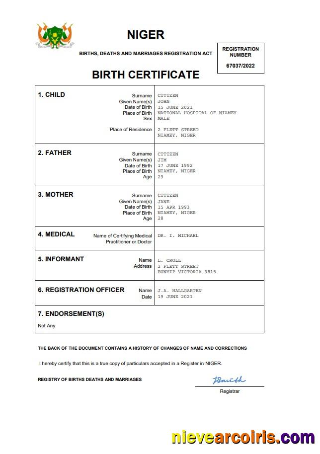 Niger birth certificate
